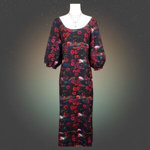 Rachel Comey x Target Midi Dress 8 Black Red Floral Puff Sleeve Cottagecore boho